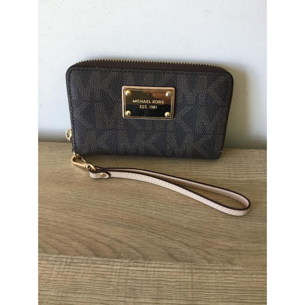 Michael Kors Brown Logo Zip Around Wristlet Wallet with Tan Strap
